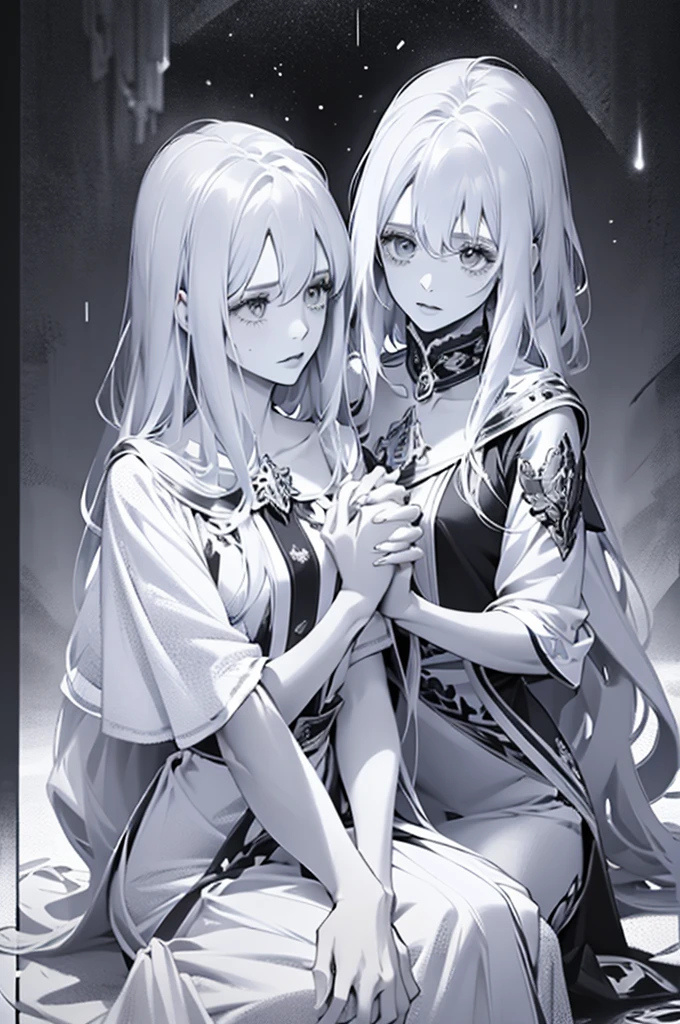 Monochrome、Line art、Twin Goddesses、Twins holding hands while one is hugging the other on their lap、She is wearing a white dress with a large opening at the neckline.、Pitch black background、A single dim lamp light、Have a biologically correct body、