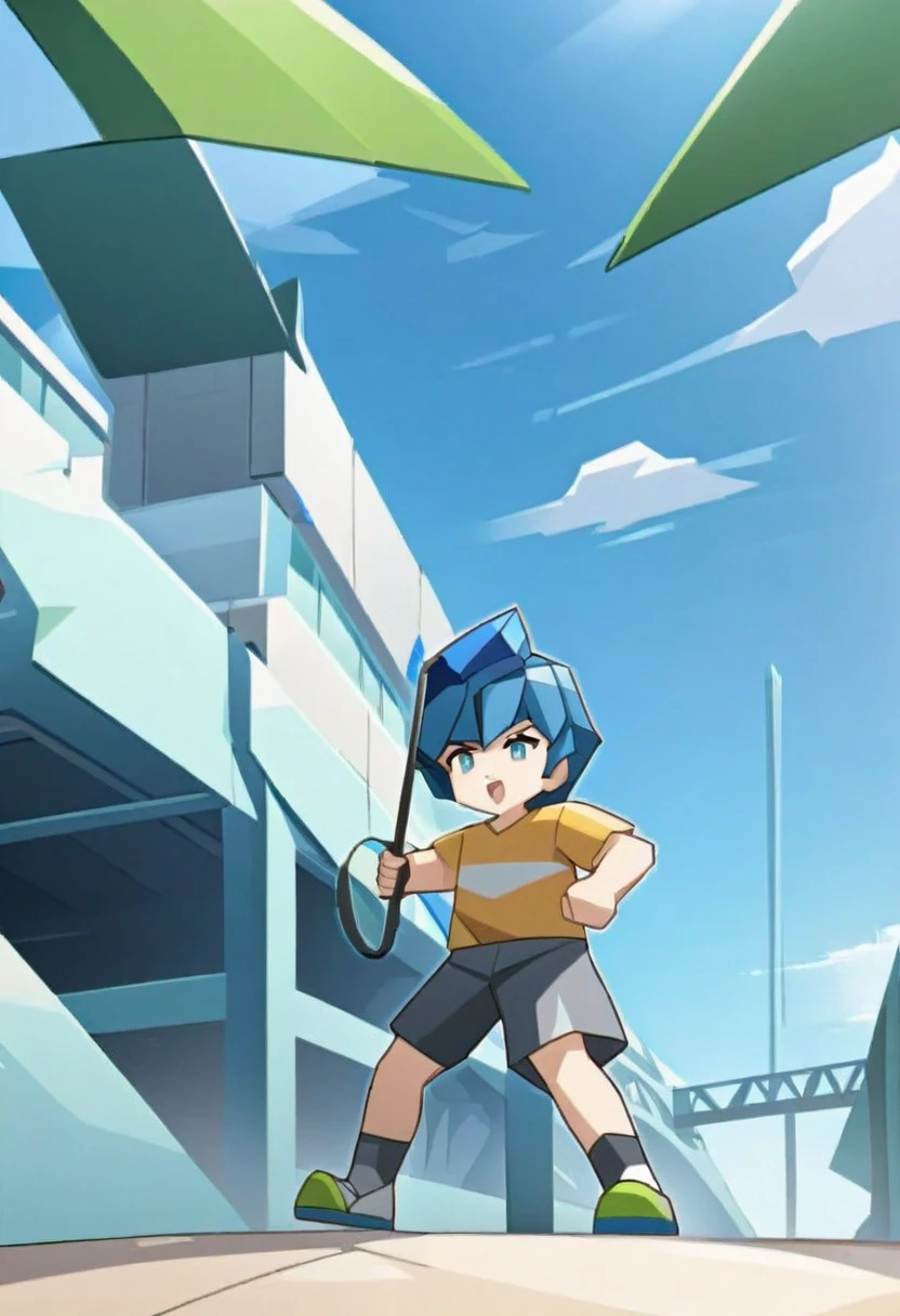 A boy with blue hair holding a racket ，outdoor，With the best quality, Capture the low-poly style of the Peak Course