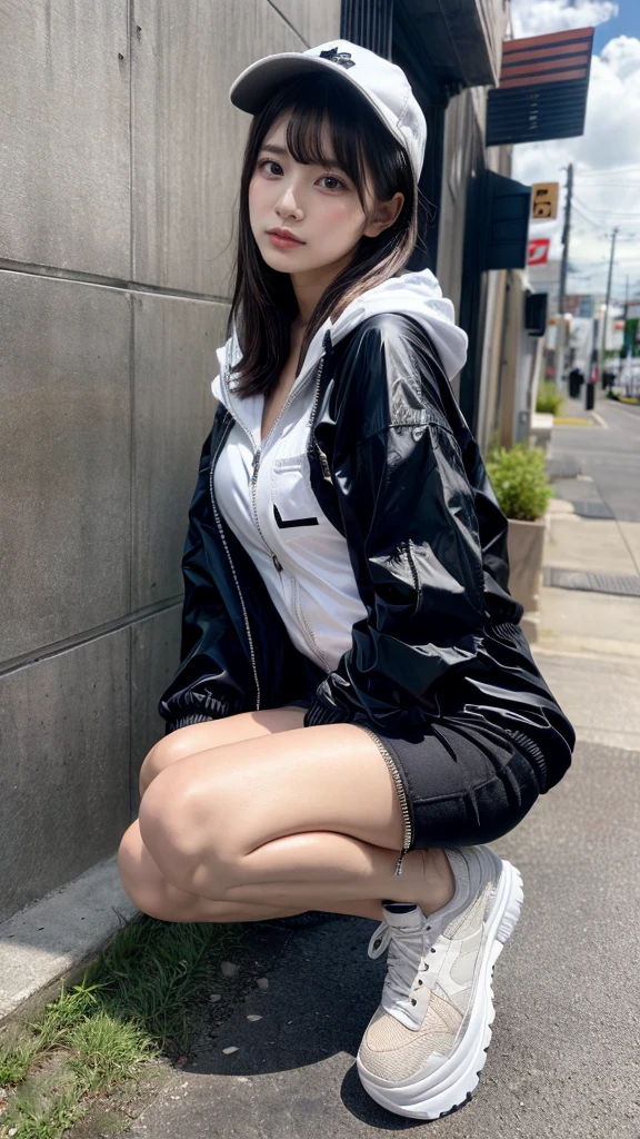 Masterpiece, 8K, award-winning photos, photorealistic, realistic, ultra detailed, ultra high definition, ray tracung, _ the most beautiful, Gravure quality for high-end fashion magazines, 22 years old ,(sexy,Japanese idol, gray hair, short hair),shiny skin , detailed skin , detailed face , perfect anatomy, 1girl
_
BREAK (droopy eyes, Natural makeup:1.2),light color, crying a little, Harajuku style, huge breasts,
_
glowing blue eyes, tan skin,
_
BREAK (black and White theme:1.4), (oversized and baggy black outerwear:1.3), (fusion of black windbreaker and White hoodie:1.4), (black Nylon:1.4), ((zipper, large pocket):1.3), BREAK (black and white :1.2), (black platform high-cut sneakers:1.2),(Black leather short pants),(baseball cap),
Inorganic concrete studio with windows, highly detailed background, , ultra-realistic textures, dramatic lighting ,raw photo, _(dutch angle and curtsey ,on side:1.2), looking at viewer,