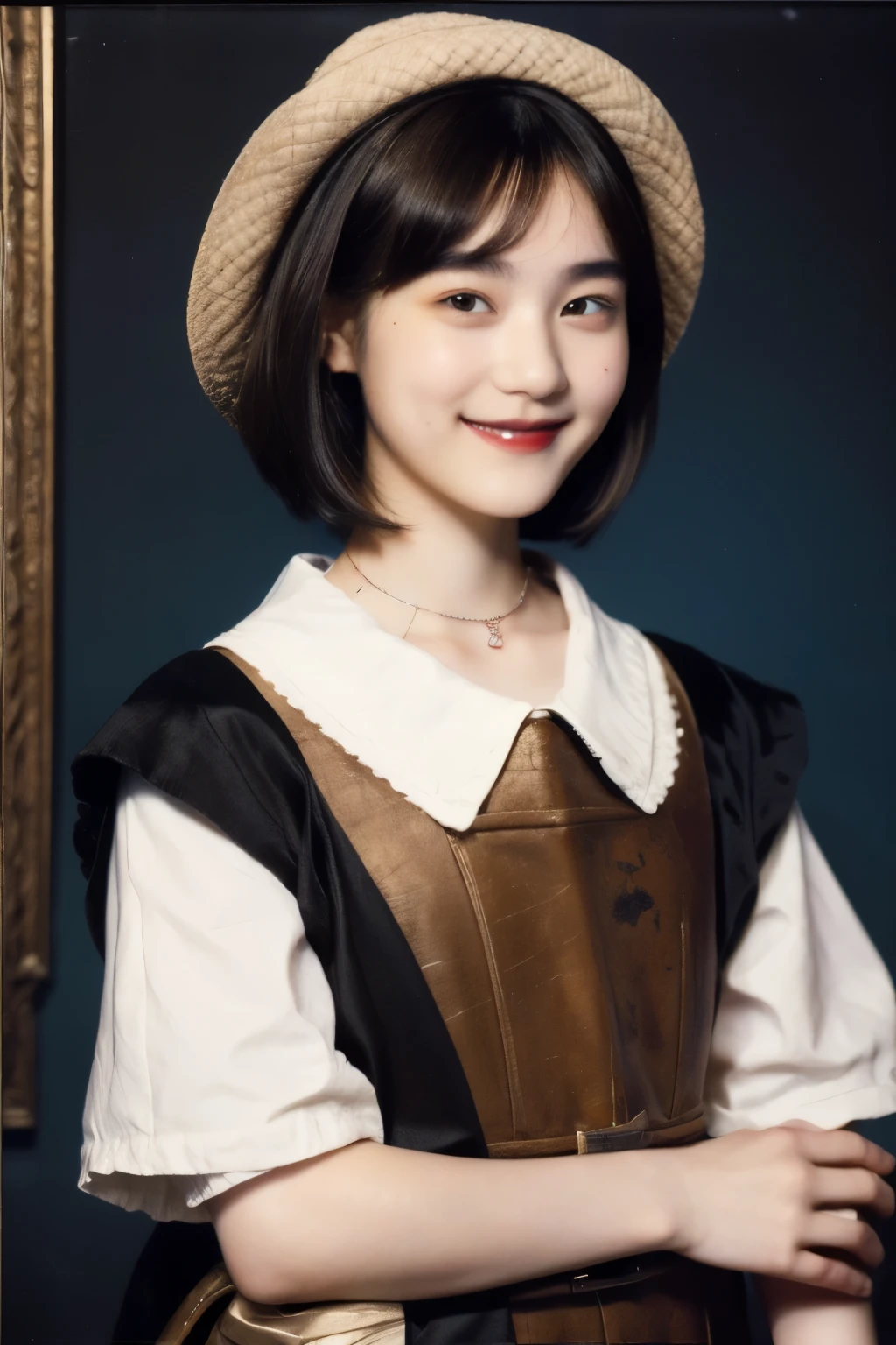 252 (An 18-year-old female and an 18-year-old male), (short hair),kind, lipstick, (Rembrandt-style painting), smile