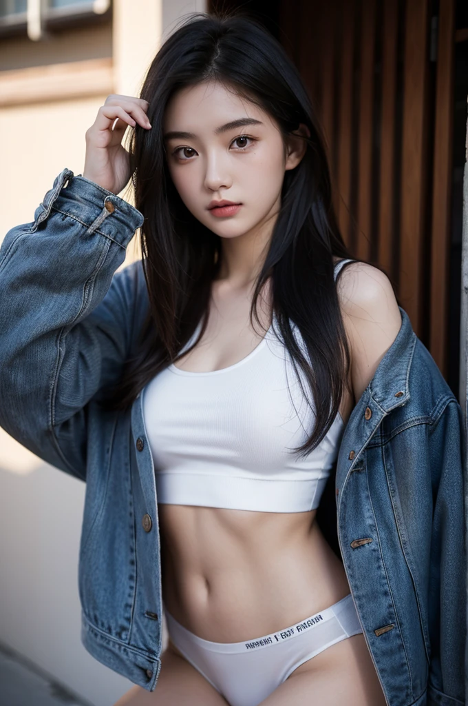 Photography of 20-year-old women, Perfect face, masterpiece, OK, underwear, Black_OK, jacket, Black_