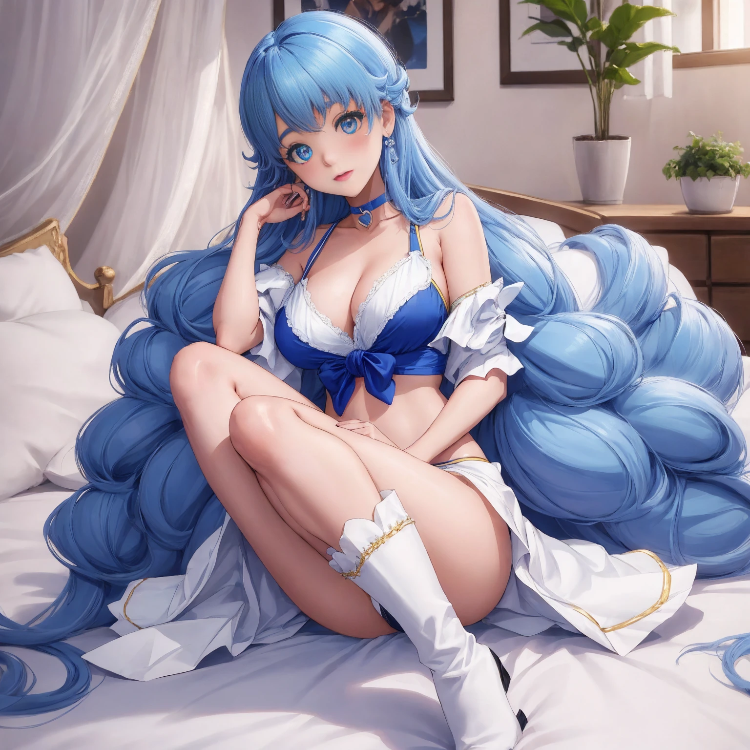 Shirayuki Hime sitting on bed wearing a blue bikini outfit full body toe to head, wrist cuffs, kee boots, large breasts, choker, heart brooch, milf, married woman, soft With a gentle appearance and a gentle mother-like atmosphere, feminine style, beautiful, naughty face, best quality, masterpiece, highres, solo, ble_hair, long_hair, blue_eyes, necktie, indoors