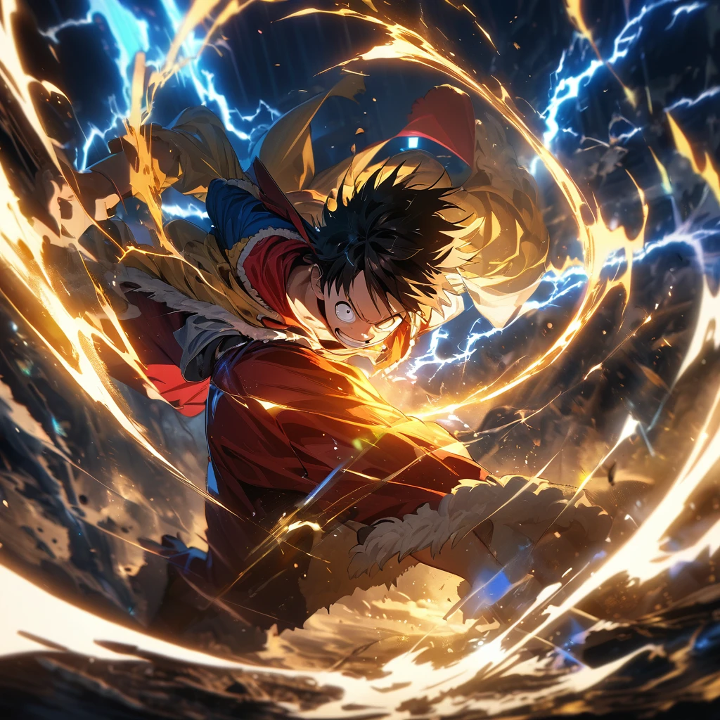 Symetrical,absurdres, highres, ultra detailed, HDR, masterpiece, extremely detailed face and eyes, monkey d luffy, in original outfit,,,  , solo, man, handsome, ,, , Epic fight scene, blue yellow water effect, yellow and blue lightning effect,glowing glitters