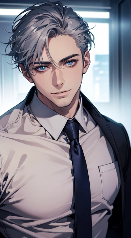 (best quality,4k,8k,highres,masterpiece:1.2),ultra-detailed,(realistic,photorealistic,photo-realistic:1.37),1 man,31 years old,mature man,very handsome,without expression,smile,short grey blue hair,blue eyes,penetrating gaze,perfect face without errors,imposing posture,businessman,office background,cinematic lighting,hdr image