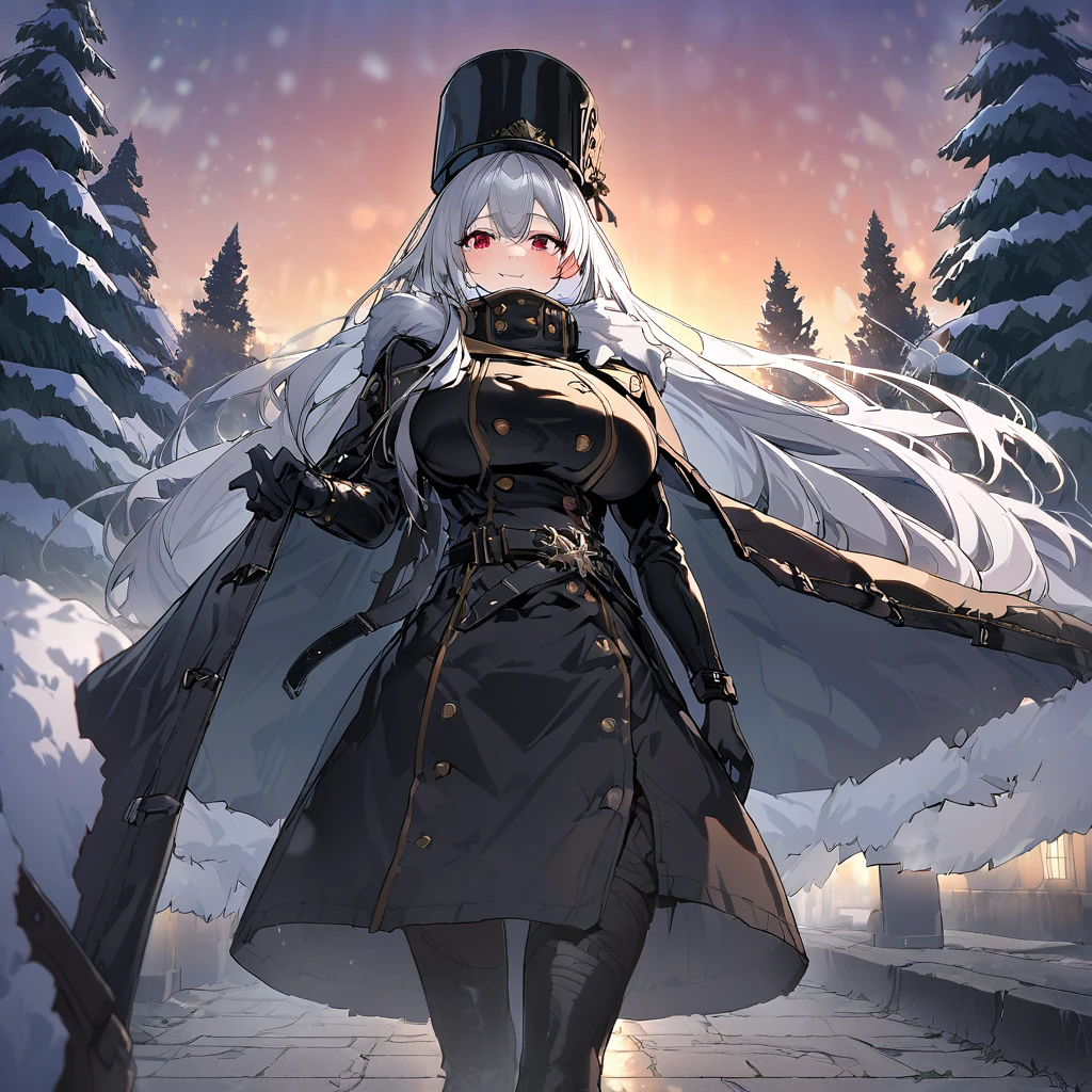 A woman wearing a long black cold-weather jacket, golden buttons on the cold-weather jacket, black leather boots, long black cold-weather cape, big breasts, black traditional Russian hat, white hair, long hair, red eyes, smiling, walking in a concrete sidewalk, wide view of an open field in the winter period, pine trees in the background covered in light, sunset, black glove, standing upright, UHD , prime work , accurate , anatomically correct , textured skin , super details , high quality , best quality, 8k, high resolution, bokeh effect. (woman alone), close view.
