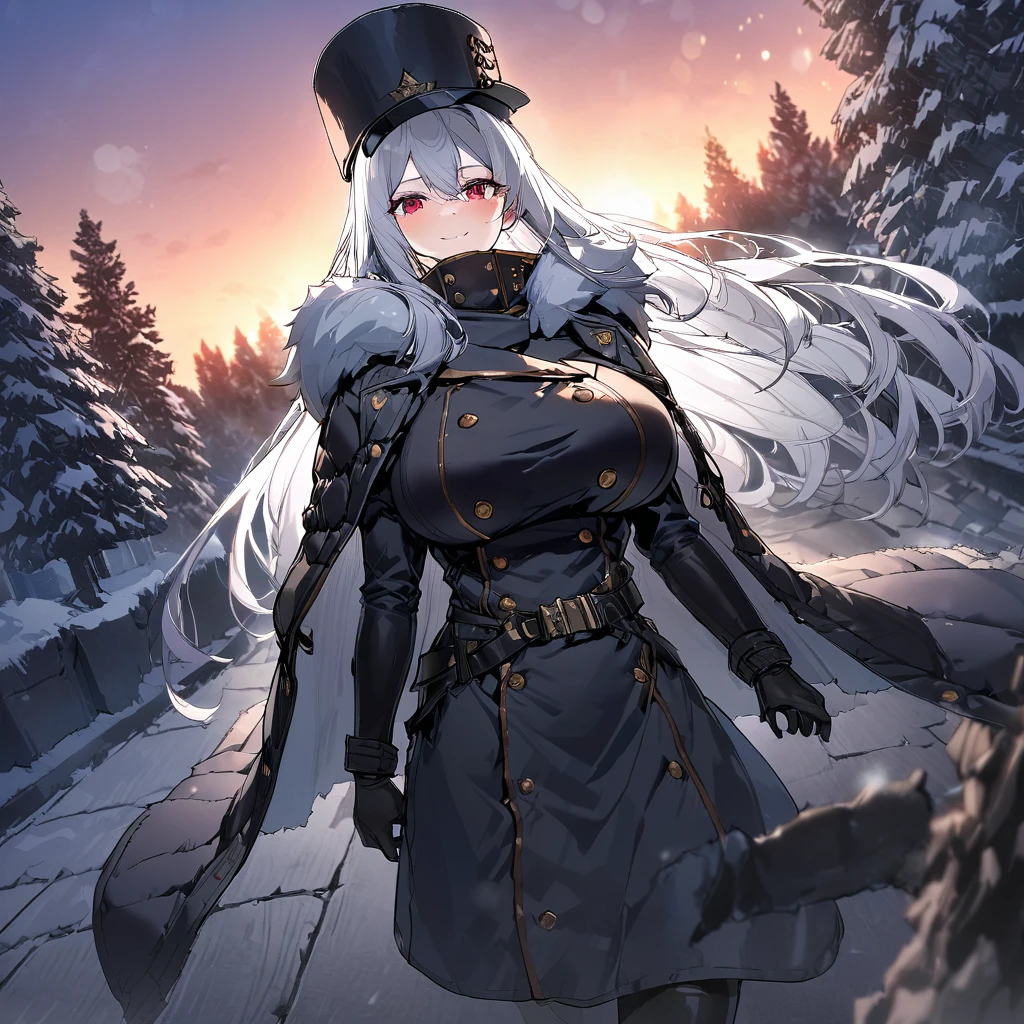 A woman wearing a long black cold-weather jacket, golden buttons on the cold-weather jacket, black leather boots, long black cold-weather cape, big breasts, black traditional Russian hat, white hair, long hair, red eyes, smiling, walking in a concrete sidewalk, wide view of an open field in the winter period, pine trees in the background covered in light, sunset, black glove, standing upright, UHD , prime work , accurate , anatomically correct , textured skin , super details , high quality , best quality, 8k, high resolution, bokeh effect. (woman alone), close view.
