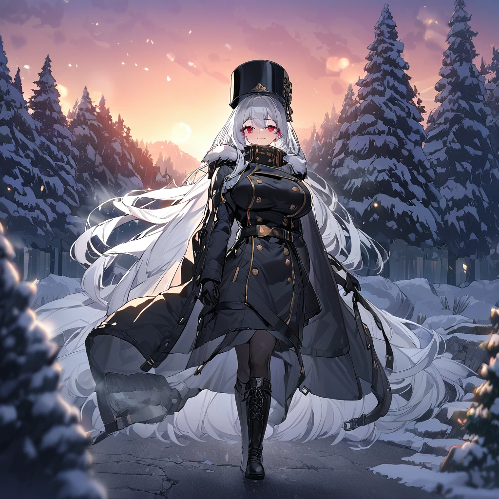 A woman wearing a long black cold-weather jacket, golden buttons on the cold-weather jacket, black leather boots, long black cold-weather cape, big breasts, black traditional Russian hat, white hair, long hair, red eyes, smiling, walking in a concrete sidewalk, wide view of an open field in the winter period, pine trees in the background covered in light, sunset, black glove, standing upright, UHD , prime work , accurate , anatomically correct , textured skin , super details , high quality , best quality, 8k, high resolution, bokeh effect. (woman alone), close view.
