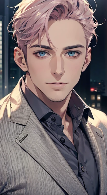 (best quality,4k,8k,highres,masterpiece:1.2),ultra-detailed,(realistic,photorealistic,photo-realistic:1.37),1 man,31 years old,mature man,very handsome,without expression,smile,short grey pink hair,blue eyes,penetrating gaze,perfect face without errors,imposing posture,businessman,office background,cinematic lighting,hdr image