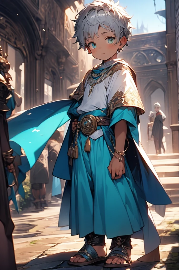 western aristocrat clothes, silver hair, turquoise chic eyes, wizard age boy, whole body, Set in a medieval mansion