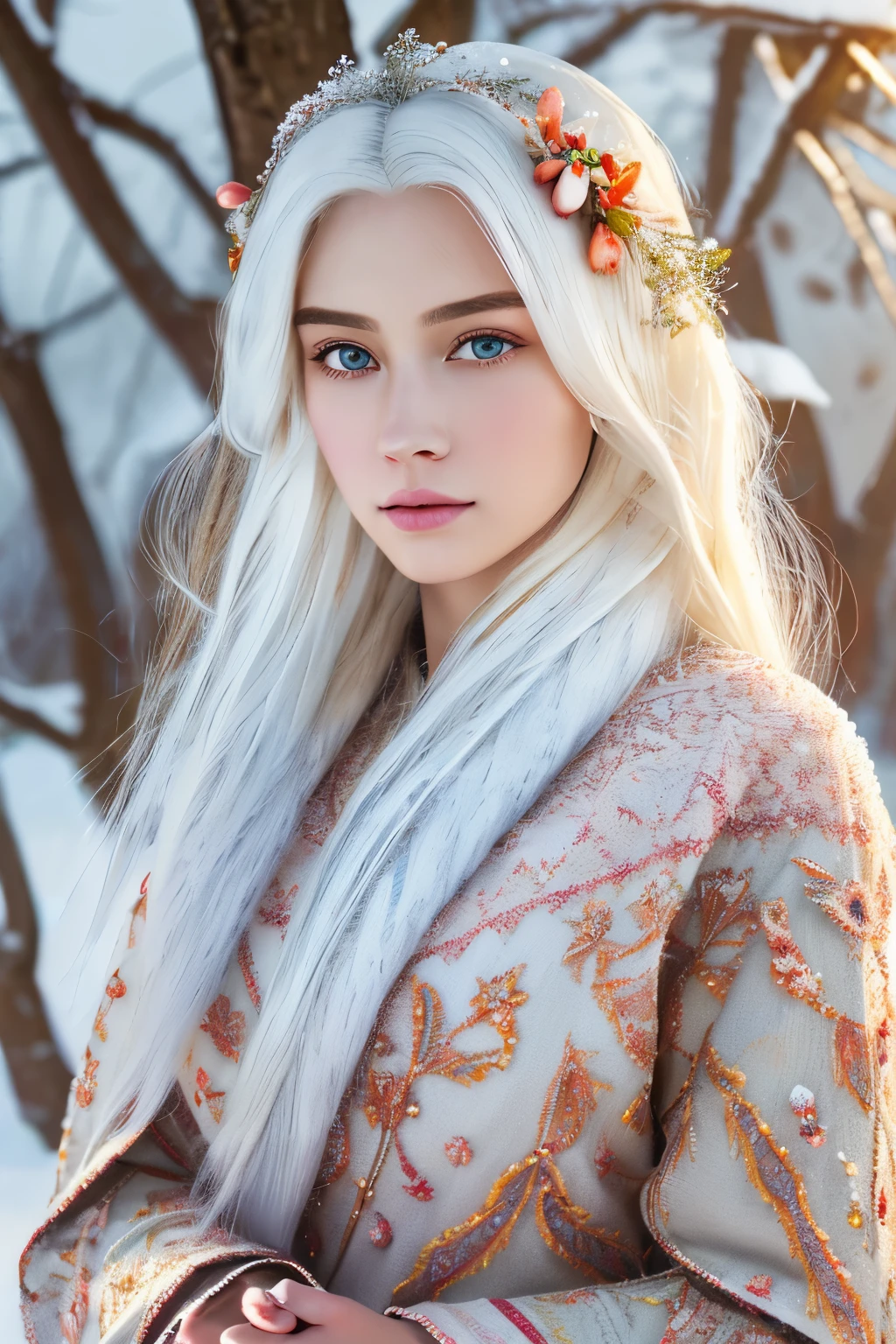 artstudt, (official art, extremely detailed CG unity 8k wallpaper),(1girl:1.3),beautifully detailed eyes, detailed fine nose, detailed fingers, white colored winter apples hanging from the trees, (8k), (best quality), ( masterpiece:1.2), (realistic), ( photorealistic:1.37), extremely detailed 1 snow goddess, surrounded by white flowers and snow, wearing a gorgeous white dress with detailed ornaments on her head, hints of red pink orange and peach color hidden in her dress, extremely detailed, high quality skirt white hair, long hair, (no animal),Beautiful frost frost yellow winter queen soft Hawaiian flowers hyperdetailed portrait 8k Claude Monet