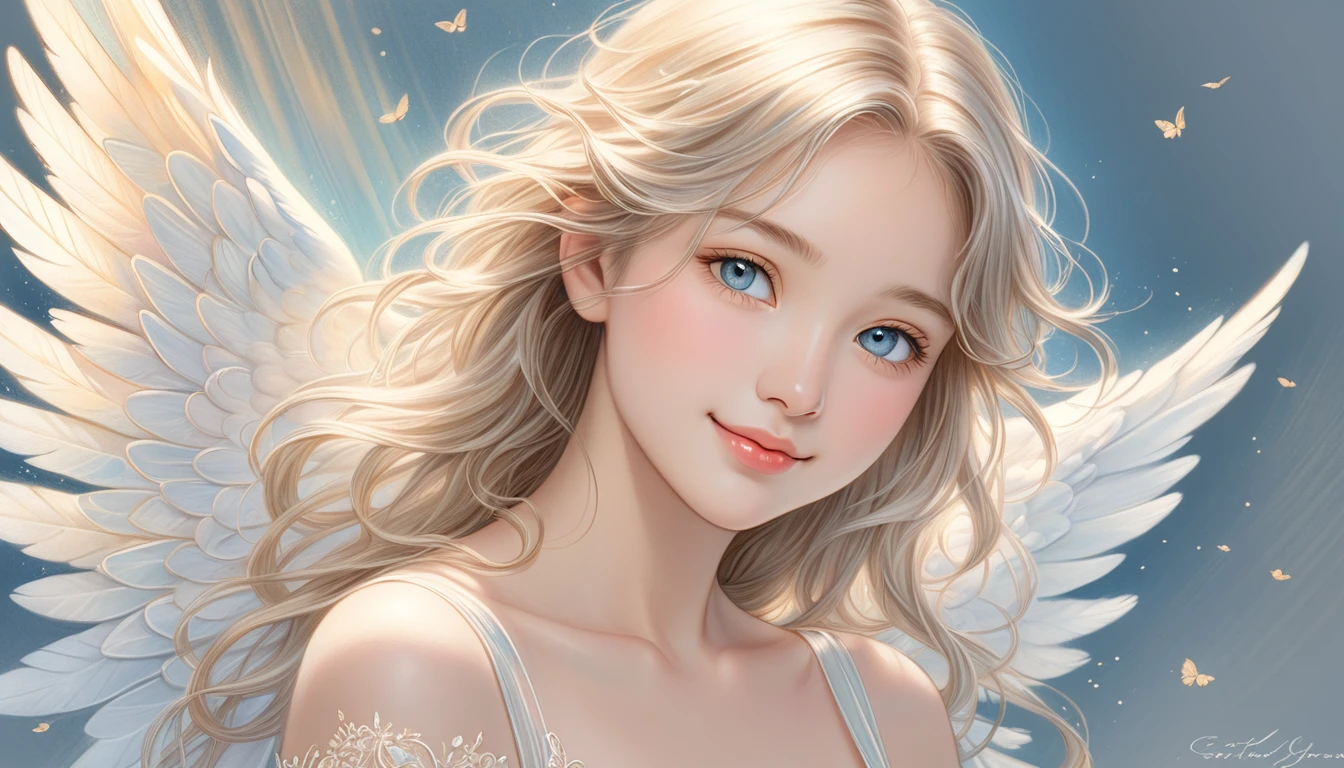 title: "Ethereal Whispers: Gentle smile" Art Style: Colored pencil drawing - texture: soft and ethereal, A color palette with a focus on subtle shading: Pastel tones with light gold accents, Light gold and light blue express transparency and gentleness: - The name of the piece: Waist shot portrait of an angel with a gentle expression with eyes closed, Front View - Features: Delicately defined, Emphasizing the transparency and purity of your subject&#39;s skin - Expression: Subtleties, Gentle smile, Communicating Inner Peace and Contentment - Eyes: softly closed or gazing downwards, Enhances a sense of introspection and calm - Hair: Light and airy, Fine hairs highlighted by sunlight, Increased transparency - background: Blurred, Dreamy Background - Elements: Reminiscent of a serene natural landscape, Soft focus garden and watercolor sky - lighting: soft, Diffuse light illuminating the subject&#39;s face, Emphasise transparency and purity of expression: Peaceful and introspective, 静かな喜びとloveと幻想的な美しさの瞬間を捉える,Highest quality,Top quality exquisite and realistic angel wings,soft光を放つ大きな翼,1 Female,Cute angel,Smiling Angel,Angel wearing a long-sleeved white blouse,Lolita,Long sleeve blouse,Angel wearing western clothes,Close up of hands,A soft magical light emanates from your hands,Reiki,Emit healing energy from your hands,magical energy,Smiling angel with eyes closed,pray天使,meditation,pray,Bright landscape,A gentle gaze,love,mercy,にっこりとSmiling Angel,rainbow,Top quality masterpiece, Highest quality and official artistic standards, A beautiful and visually stunning angel,This piece is very ingenious, rich in color, Exquisitely crafted down to the last detail, Vibrant, Vibrant, A unique visual experience. Optical blending technology brings playful patterns、Add depth to your artwork, Enhances overall texture and color richness, Beautiful angel,Focus on the hands,Focus on the magic light,noon,Midsummer,Bright sunshine,albino,Blonde Hair