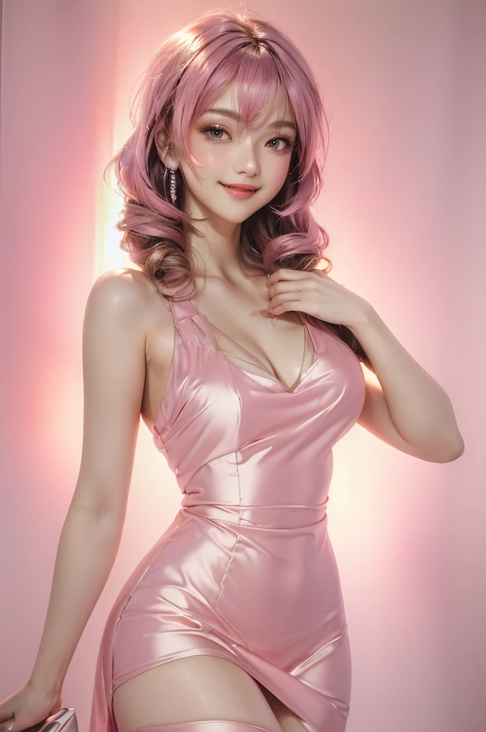8K, UHD, MAsterpiece, best quality, 1 girl, (realistic face), very long hair, small breasts, decorated dress, very beautiful ornaments dress, pink color, lace, mesh dress, sardine, loops, ipllers, depth of field, light from the front, Light shines into the face, knee short, Face (Excitement, Surprise, Awe)