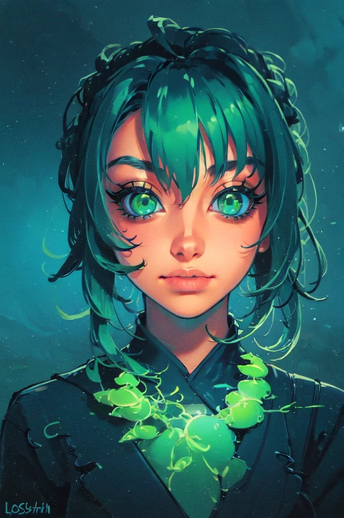 a close up of a woman with green eyes and a black background, loish art style, loish |, neon and dark, jen bartel, inspired by loish, loish and wlop, green glows, green glowing eyes, glowing in the dark, glowing aesthetic, unearthly art style, glowing green, with glowing eyes, cyan and green