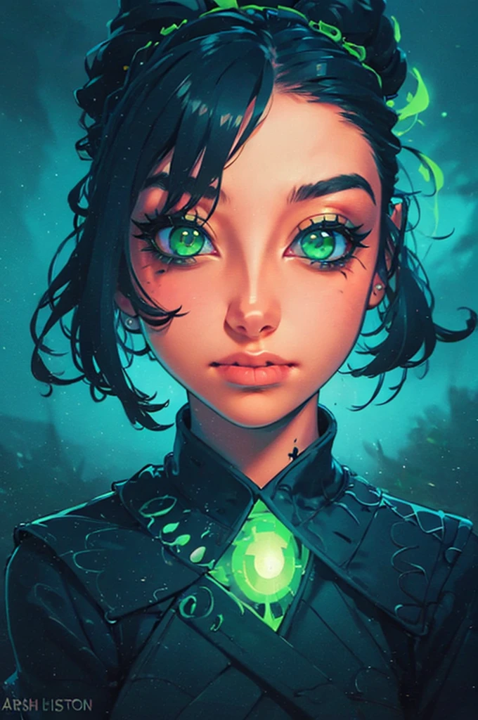 a close up of a woman with green eyes and a black background, loish art style, loish |, neon and dark, jen bartel, inspired by loish, loish and wlop, green glows, green glowing eyes, glowing in the dark, glowing aesthetic, unearthly art style, glowing green, with glowing eyes, cyan and green