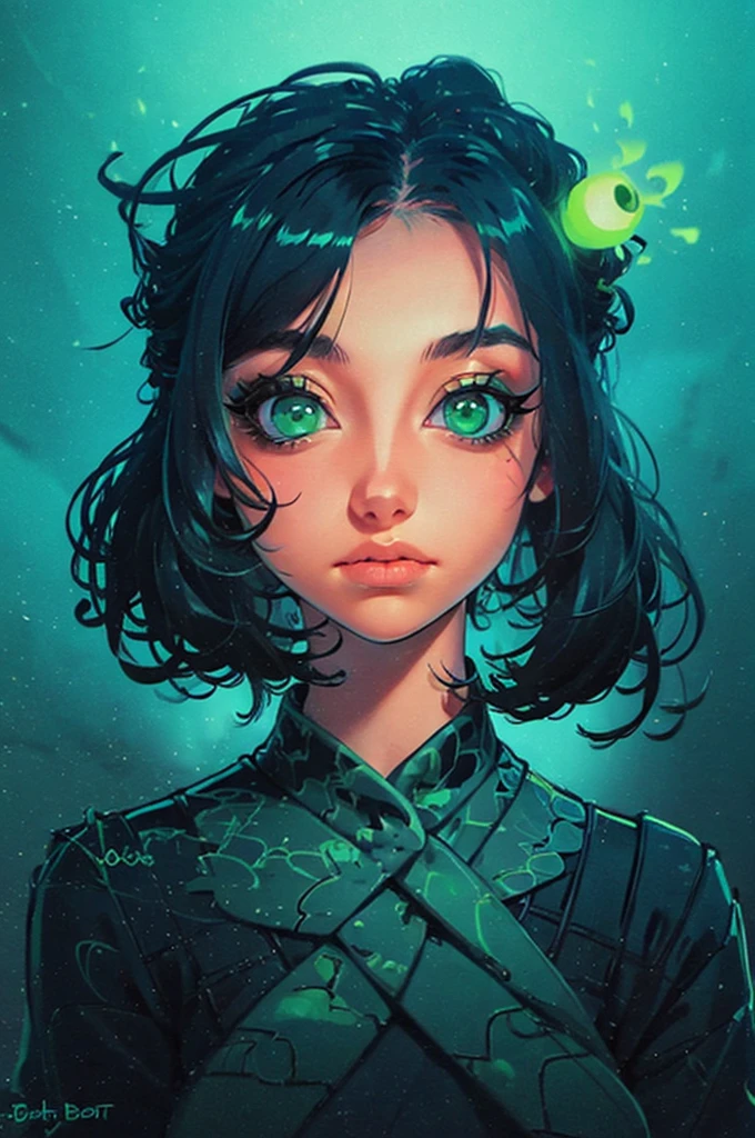 a close up of a woman with green eyes and a black background, loish art style, loish |, neon and dark, jen bartel, inspired by loish, loish and wlop, green glows, green glowing eyes, glowing in the dark, glowing aesthetic, unearthly art style, glowing green, with glowing eyes, cyan and green