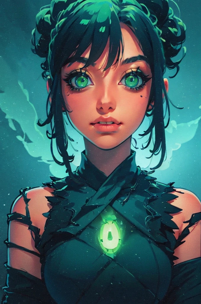 a close up of a woman with green eyes and a black background, loish art style, loish |, neon and dark, jen bartel, inspired by loish, loish and wlop, green glows, green glowing eyes, glowing in the dark, glowing aesthetic, unearthly art style, glowing green, with glowing eyes, cyan and green