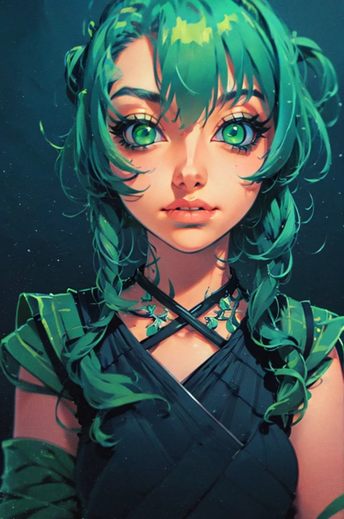 a close up of a woman with green eyes and a black background, loish art style, loish |, neon and dark, jen bartel, inspired by loish, loish and wlop, green glows, green glowing eyes, glowing in the dark, glowing aesthetic, unearthly art style, glowing green, with glowing eyes, cyan and green