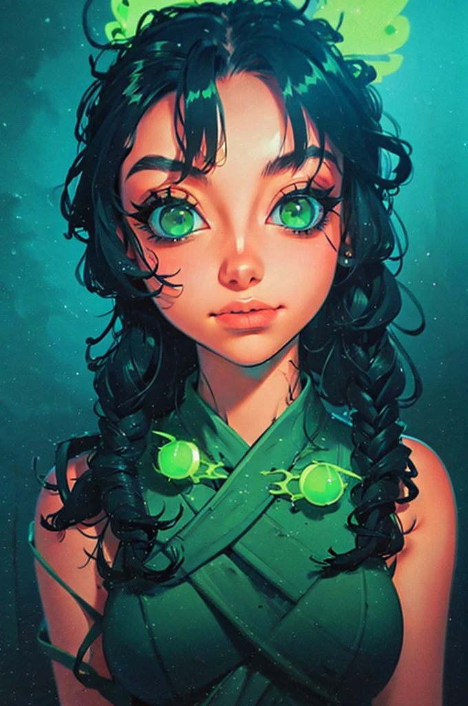 a close up of a woman with green eyes and a black background, loish art style, loish |, neon and dark, jen bartel, inspired by loish, loish and wlop, green glows, green glowing eyes, glowing in the dark, glowing aesthetic, unearthly art style, glowing green, with glowing eyes, cyan and green