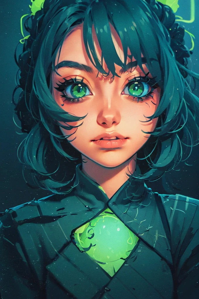 a close up of a woman with green eyes and a black background, loish art style, loish |, neon and dark, jen bartel, inspired by loish, loish and wlop, green glows, green glowing eyes, glowing in the dark, glowing aesthetic, unearthly art style, glowing green, with glowing eyes, cyan and green