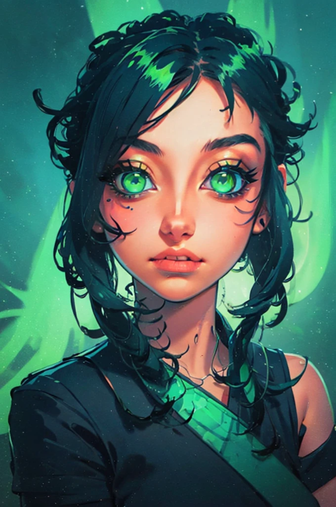 a close up of a woman with green eyes and a black background, loish art style, loish |, neon and dark, jen bartel, inspired by loish, loish and wlop, green glows, green glowing eyes, glowing in the dark, glowing aesthetic, unearthly art style, glowing green, with glowing eyes, cyan and green