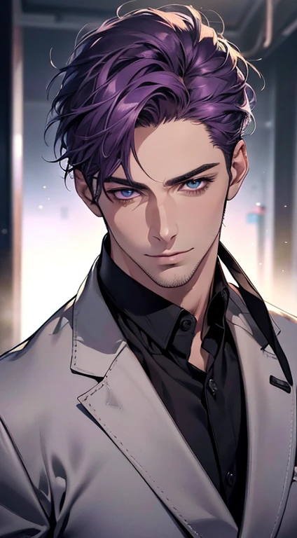 (best quality,4k,8k,highres,masterpiece:1.2),ultra-detailed,(realistic,photorealistic,photo-realistic:1.37),1 man,31 years old,mature man,very handsome,without expression,smile,short purple hair,blue eyes,penetrating gaze,perfect face without errors,imposing posture,businessman,office background,cinematic lighting,hdr image