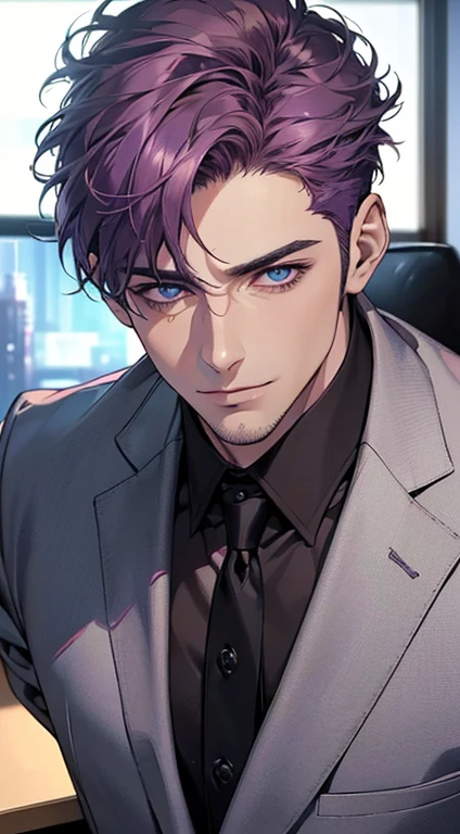 (best quality,4k,8k,highres,masterpiece:1.2),ultra-detailed,(realistic,photorealistic,photo-realistic:1.37),1 man,31 years old,mature man,very handsome,without expression,smile,short purple hair,blue eyes,penetrating gaze,perfect face without errors,imposing posture,businessman,office background,cinematic lighting,hdr image