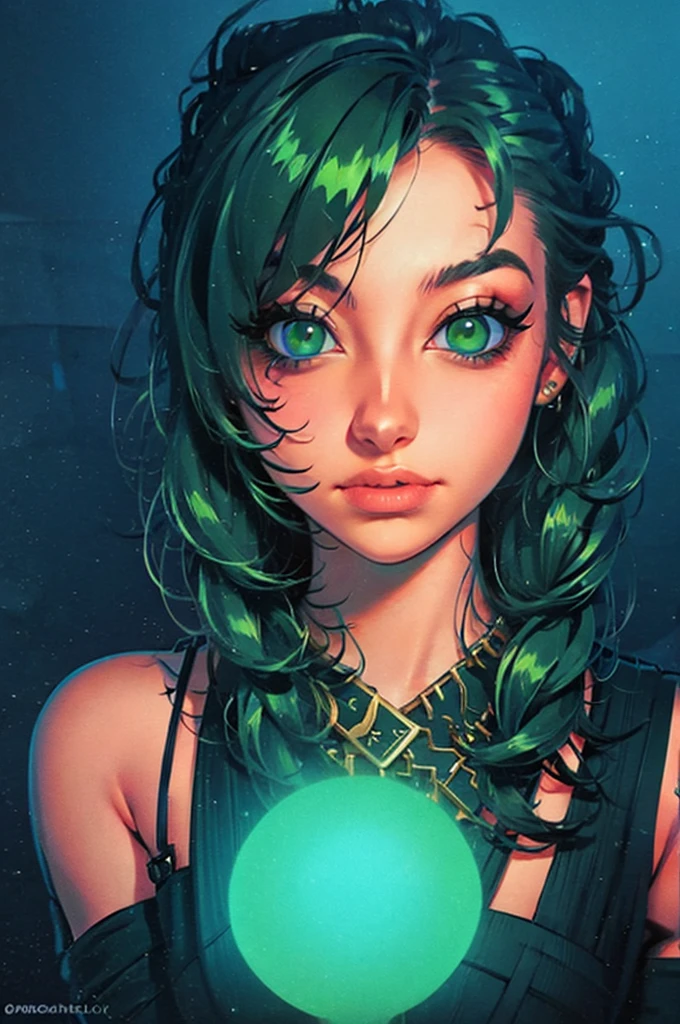 a close up of a woman with green eyes and a black background, loish art style, loish |, neon and dark, jen bartel, inspired by loish, loish and wlop, green glows, green glowing eyes, glowing in the dark, glowing aesthetic, unearthly art style, glowing green, with glowing eyes, cyan and green