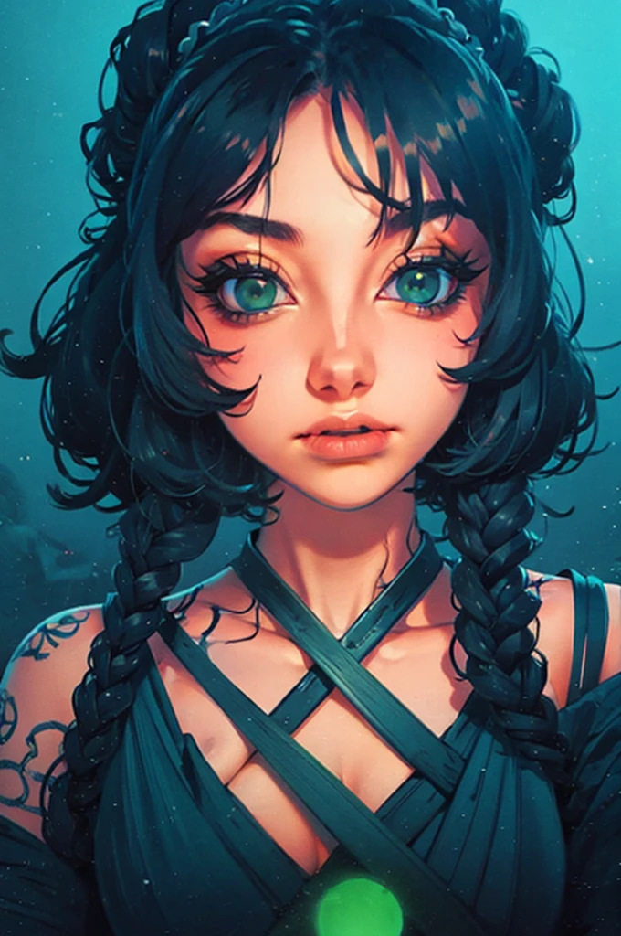 a close up of a woman with green eyes and a black background, loish art style, loish |, neon and dark, jen bartel, inspired by loish, loish and wlop, green glows, green glowing eyes, glowing in the dark, glowing aesthetic, unearthly art style, glowing green, with glowing eyes, cyan and green