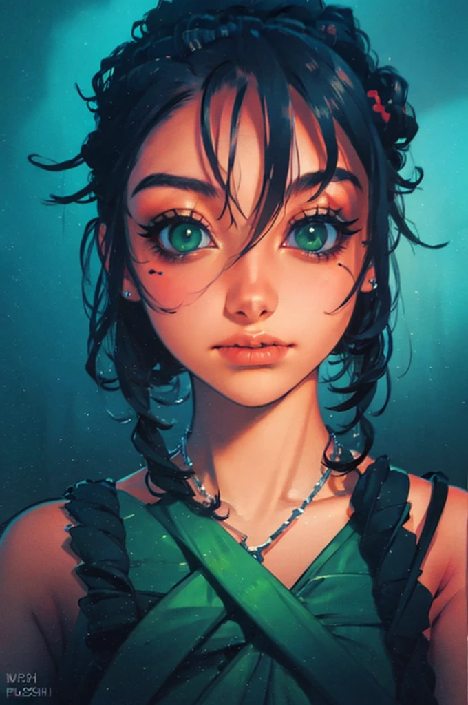 a close up of a woman with green eyes and a black background, loish art style, loish |, neon and dark, jen bartel, inspired by loish, loish and wlop, green glows, green glowing eyes, glowing in the dark, glowing aesthetic, unearthly art style, glowing green, with glowing eyes, cyan and green