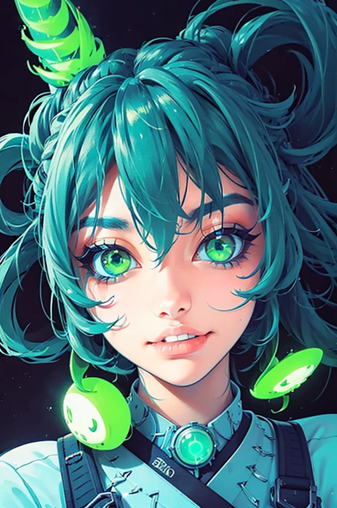 a close up of a woman with green eyes and a black background, loish art style, loish |, neon and dark, jen bartel, inspired by loish, loish and wlop, green glows, green glowing eyes, glowing in the dark, glowing aesthetic, unearthly art style, glowing green, with glowing eyes, cyan and green