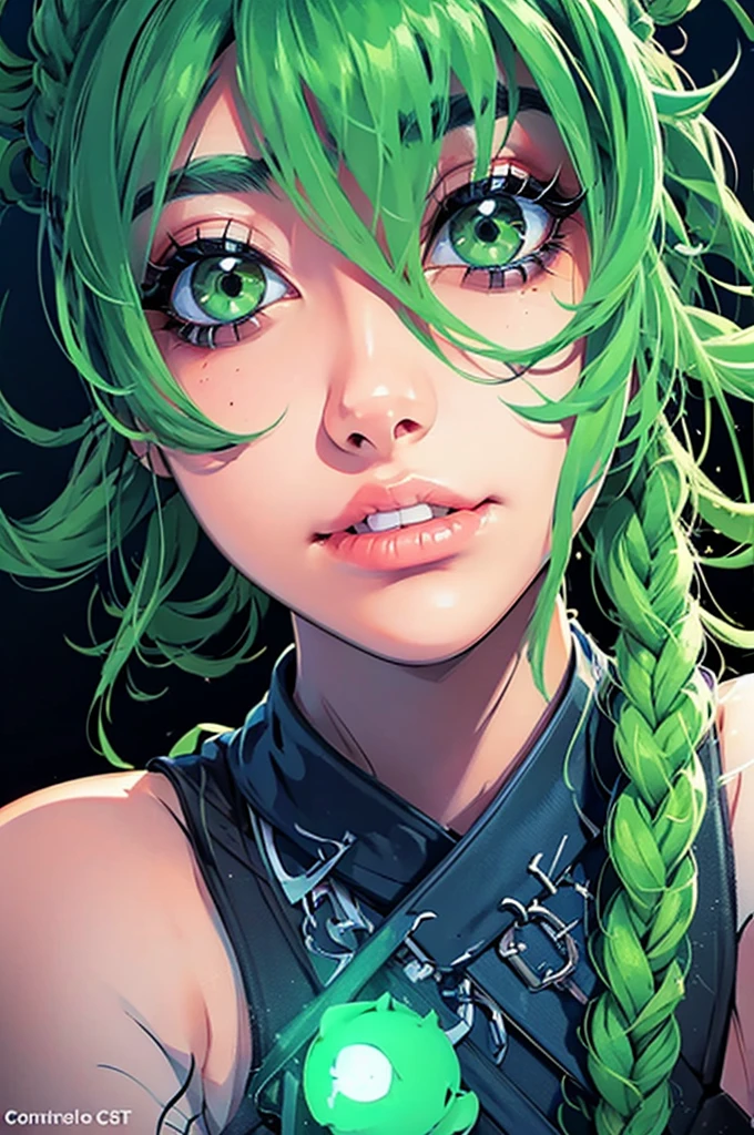 a close up of a woman with green eyes and a black background, loish art style, loish |, neon and dark, jen bartel, inspired by loish, loish and wlop, green glows, green glowing eyes, glowing in the dark, glowing aesthetic, unearthly art style, glowing green, with glowing eyes, cyan and green