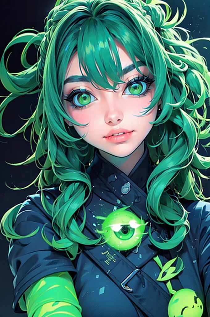 a close up of a woman with green eyes and a black background, loish art style, loish |, neon and dark, jen bartel, inspired by loish, loish and wlop, green glows, green glowing eyes, glowing in the dark, glowing aesthetic, unearthly art style, glowing green, with glowing eyes, cyan and green