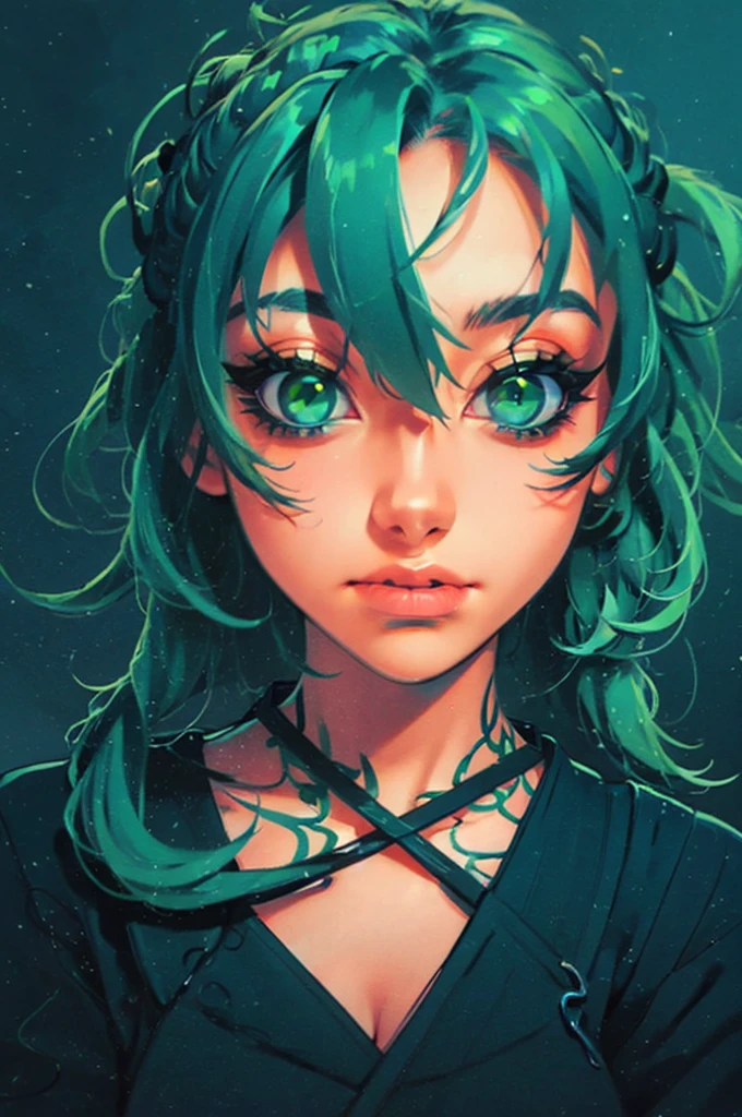 a close up of a woman with green eyes and a black background, loish art style, loish |, neon and dark, jen bartel, inspired by loish, loish and wlop, green glows, green glowing eyes, glowing in the dark, glowing aesthetic, unearthly art style, glowing green, with glowing eyes, cyan and green