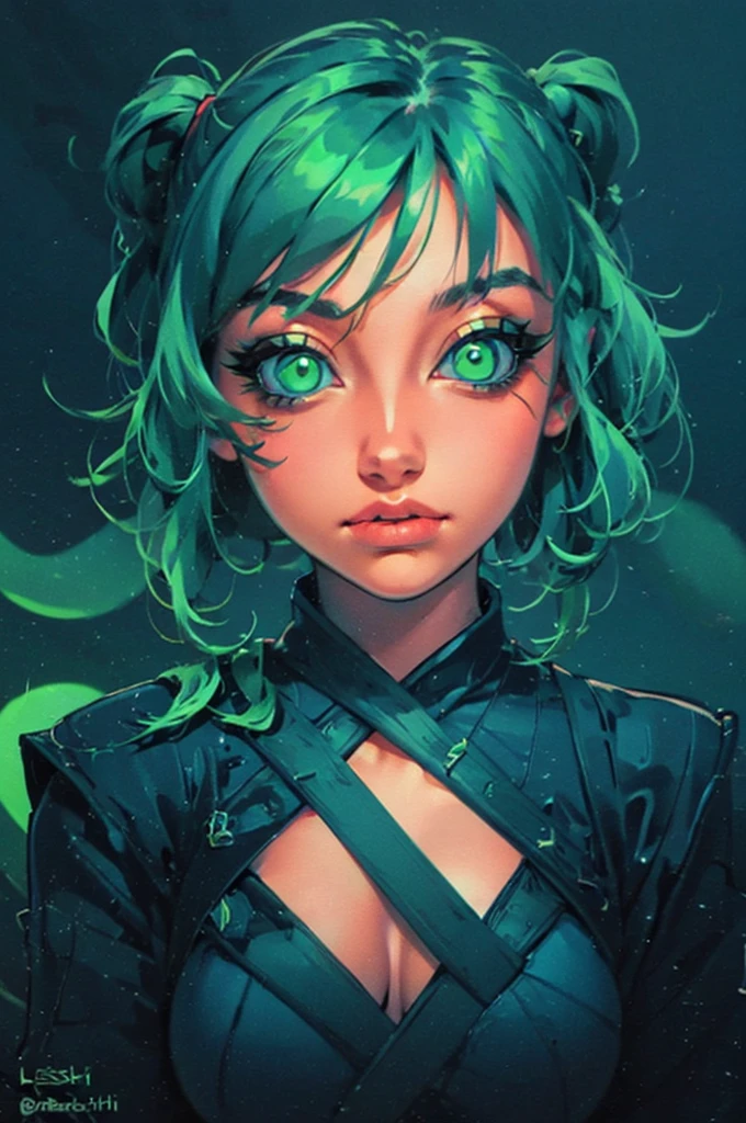 a close up of a woman with green eyes and a black background, loish art style, loish |, neon and dark, jen bartel, inspired by loish, loish and wlop, green glows, green glowing eyes, glowing in the dark, glowing aesthetic, unearthly art style, glowing green, with glowing eyes, cyan and green