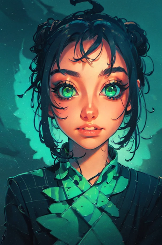 a close up of a woman with green eyes and a black background, loish art style, loish |, neon and dark, jen bartel, inspired by loish, loish and wlop, green glows, green glowing eyes, glowing in the dark, glowing aesthetic, unearthly art style, glowing green, with glowing eyes, cyan and green