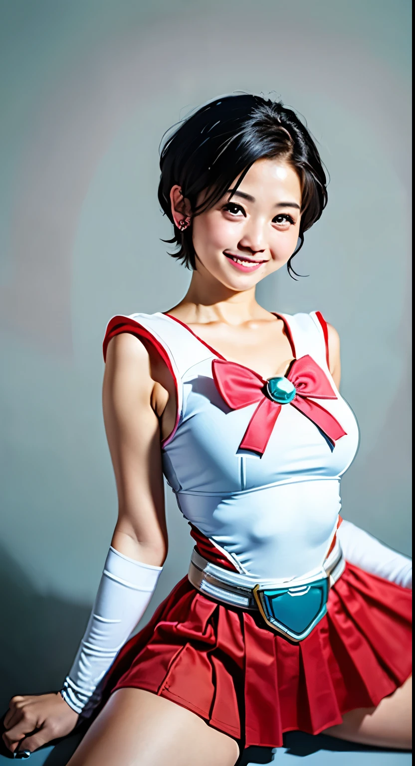 （8K、Raw photography、Highest quality、masterpiece：1.2),(Black-haired、Very short hair:1.7),View Audience,Viewed from the front,??????,(Super Sentai Series、She is wearing a red Pretty Cure costume.:1.6)、(Clothing that emphasizes the shape of your chest:1.3)、(Big Breasts :1.3)、Slim figure、Ultra-high resolution,beautiful,beautiful fece,(alone, alone、No background:1.9),whole bodyボディー,、(black eye、Japanese women: 1.3),（Photorealistic：1.37）、Photon Mapping,reality、(Baby-faced and cute: 1.1)、(Cute Smile: 1.7)、(With a round face: 1.8)、Radio City、Physically Based Rendering、Depth of field rally background、photograph, (I can see your knees,Thigh close-up、The blue skirt is too short、Spread your legs、Showing off her white panties:1.1),whole body、Super quality