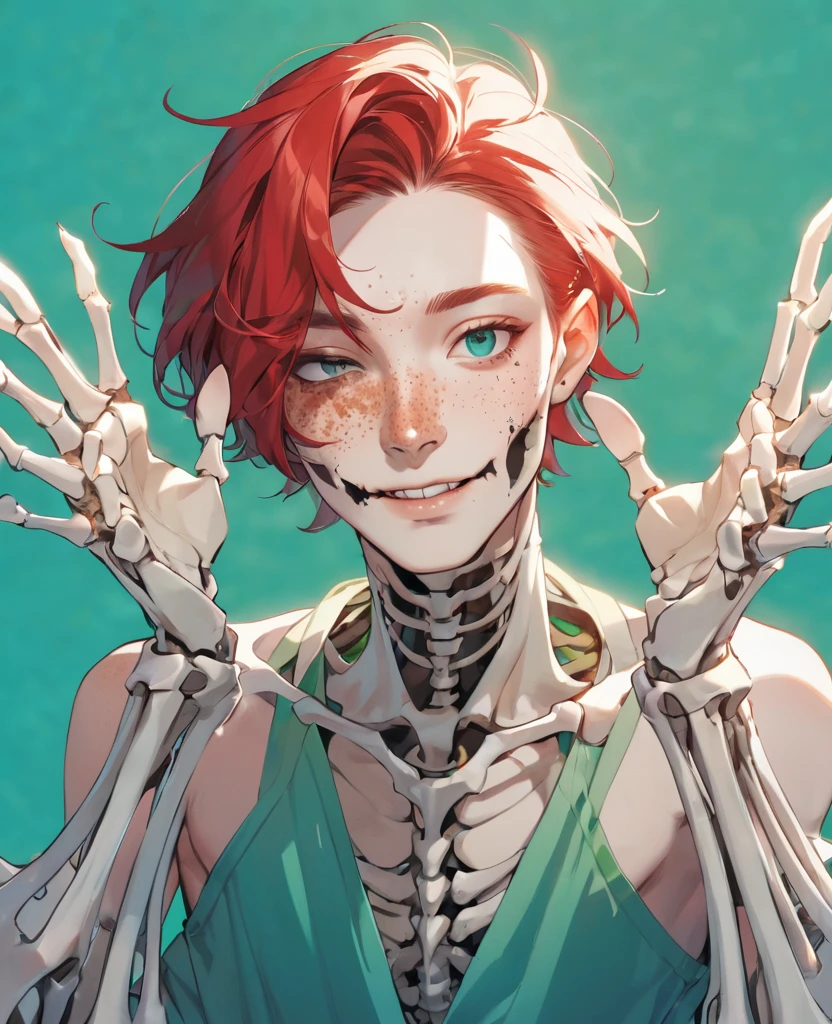 Guy with skeletal red hair, with freckles on the face, Shoulders, palms, One eye is green, the second blue