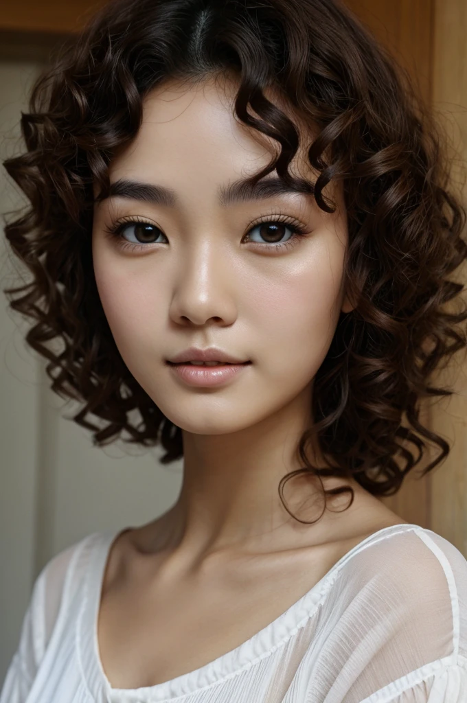 Curly hair Brunette Chinese eyes Thin face Not many eyebrows