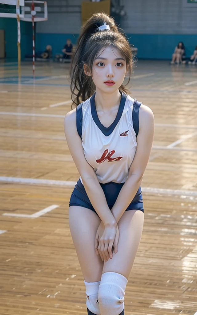((portrait, above the knee shot)), (1 women:1.37), beautiful milf, ((wrinkle:1.37)), (Beautiful high resolution 32k), attractive milf, ((japanese volleyball player)), stand, heavy chest, ((In the vast gymnasium:1.37)), face focus, ((plump face, bulging cheeks:0.4))), (perfect anatomy:1.2), accurate limbs, snug clothes on the body, ((sleeveless volleyball uniform:1.37, High leg bloomers:1.37)), (highest quality:1.4), 32K resolution, (realistic:1.5), (Ultra-realistic:1.5), High resolution 32k UHD, (masterpiece:1.2)), (Improvement of quality:1.4), finely,(very beautiful facial details), (Highest quality realistic skin texture:1.4),Super detailed, symmetrical eyes, look up at the audience, (oily skin:1.7), (make up:1.4, attactive proportion, big breasts:1.2, wide hips)beautiful lips:1.33, (Random fat:1.21), (ponytail, wavy hair), Light and shadow are clear, Professional Cinema Lighting, (Full Body Shot)))On top of that, he wears white Nike socks that look like loose socks up to his knees.、Highlighted with white knee-length socks featuring the Nike logo、Black Nike logo on socks、The socks always have one black NIKE logo visible, and there are two pairs of socks on each foot.。