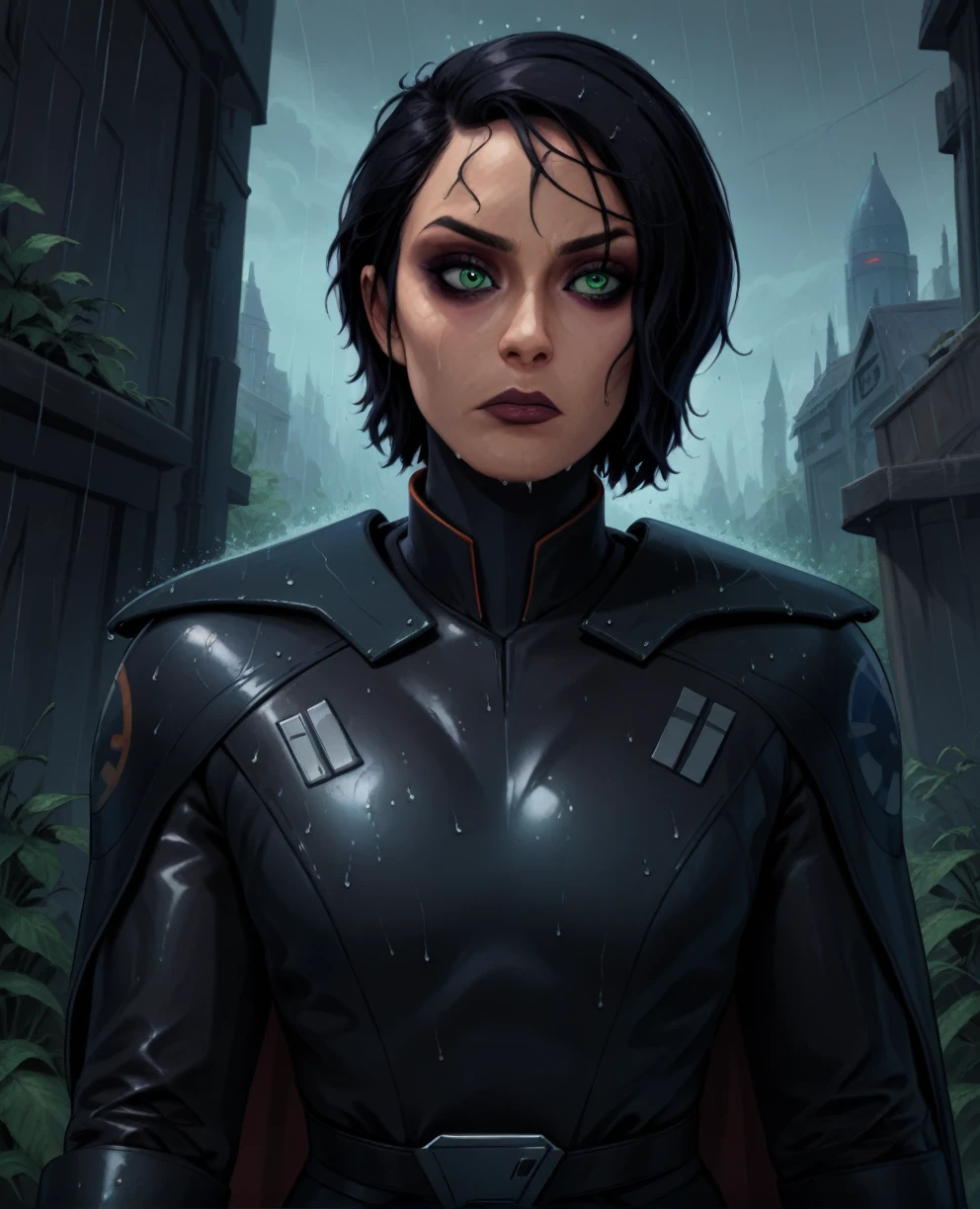 score_9,score_8_up,score_7_up,score_6_up, Trilla,green eyes,black hair, upper body, wet, armor,gloves,black bodysuit,black cape,belt,rain, science fiction,sith base, star wars, outdoors, rain, solo,fflixbag wearing armor sabine wren