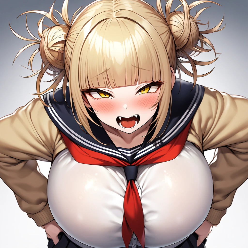 toga himiko,1girl,solo,Females in heat,blush,blonde hair,yellow eyes,narrowed eyes,blunt bangs,open mouth,fangs,,cardigan,long sleeves,neckerchief,red neckerchief,gigantic huge breasts,looking at viewer,Taken from the viewpoint above,upturned eyes,standing up