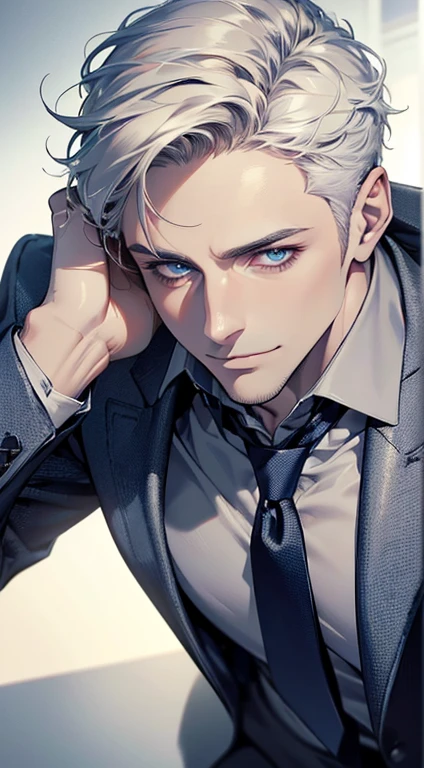 (best quality,4k,8k,highres,masterpiece:1.2),ultra-detailed,(realistic,photorealistic,photo-realistic:1.37),1 man,31 years old,mature man,very handsome,without expression,smile,short white hair,blue eyes,penetrating gaze,perfect face without errors,imposing posture,businessman,office background,cinematic lighting,hdr image