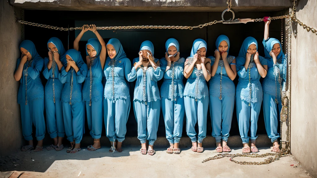 ((best quality)), ((masterpiece)), (detailed), 10 Iranian 25 years old woman prisoners lined up against a wall dressed in bra lace panties with hijab, (broken_clothes:1.2), fearful face, hands above their heads tied up against wall revealing body curves, chains over body, (in prison cell), Chained Woman, Full Body, Chained Chain, plump body, underground prison atmosphere