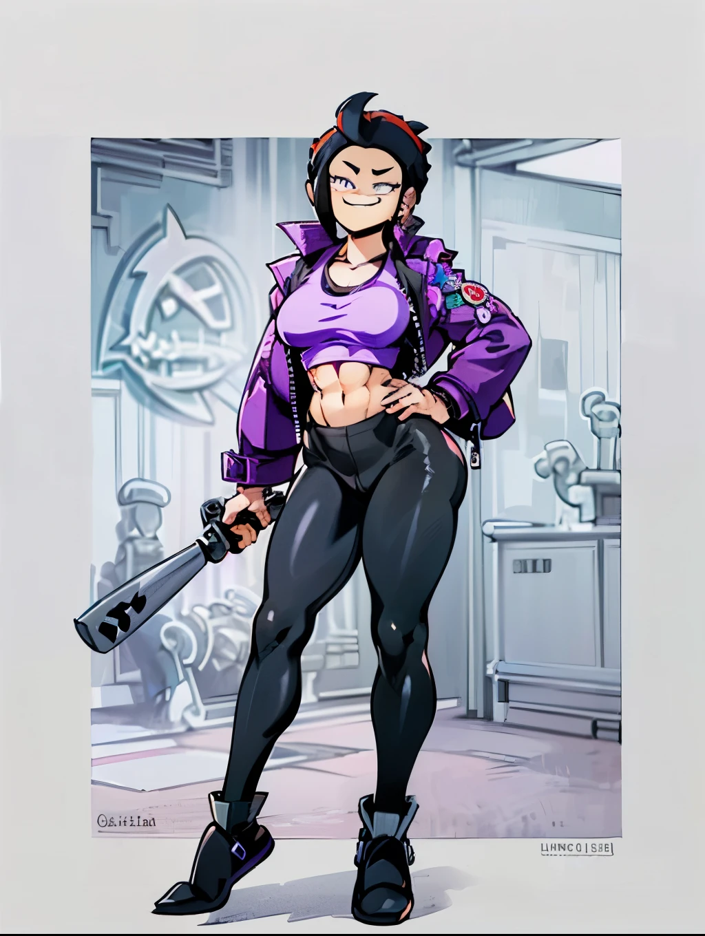 (((My Hero Academia Style))), (((Bibi))), (((Brawl Stars))), (((Wide hips))), (((wide thighs))), (((medium breasts))), (((blue spiked leather jacket))), (((blue leather jacket))), (( (leather jacket with spikes))), (((lilac top tank))), (((top tank))), (((Abs))), (((exposed abdomen))), (((marked abdomen))), (((tight leggings black))), (((tight leggings))), (((black leggings))), (((baseball bat))), (((Holding a baseball bat))), (((holding a bat))), (((shark smile))), (((lilac eyes))), (((evil smile))), (((traditional black slippers))), (((black slippers))), (((traditional slippers))), (((hair black))), (((pompadour hairstyle))), (((black hair pompadour hairstyle))), (((perfect anatomy))), (((perfect hands))), (((super detailed))), ( ((full body photo:1.5))), 