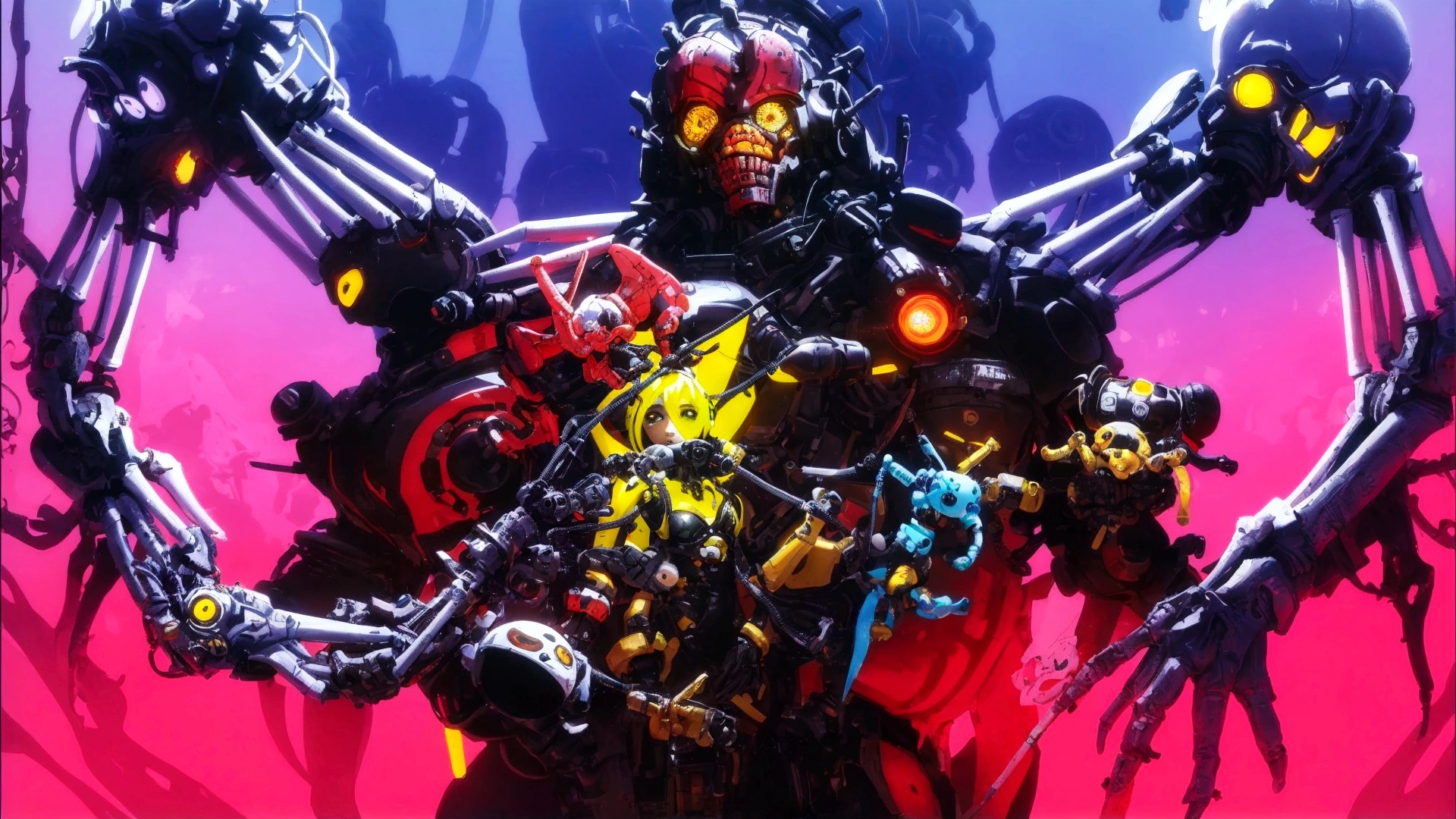 there is a robot with many arms and legs, holding a bunch of toys: (baby elephant,chick,puppy,bunny) toys on , Love death and Robots, anime robotics, mixed with organics, reypunk, Official work of art, cool composition, Neon punk, Love death + Robots, death and Robots, Colorful sci-fi steampunk, киберпанк smiling critters, Cyberpunk, bright colors, bright fan art, high detailed Official work of art, cyber core