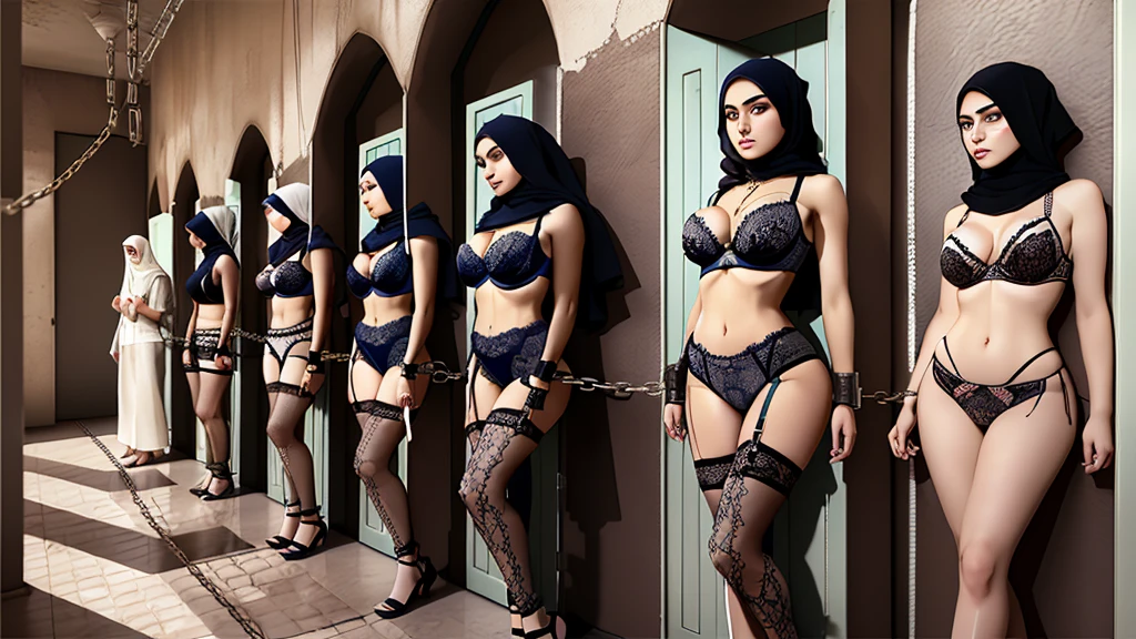 ((best quality)), ((masterpiece)), (detailed), 10 Iranian 25 years old woman prisoners lined up against a wall dressed in bra lace panties with hijab, (broken_clothes:1.2), fearful face, hands above their heads tied up against wall revealing body curves, chains over body, (in prison cell), Chained Woman, Full Body, Chained Chain, plump body, underground prison atmosphere