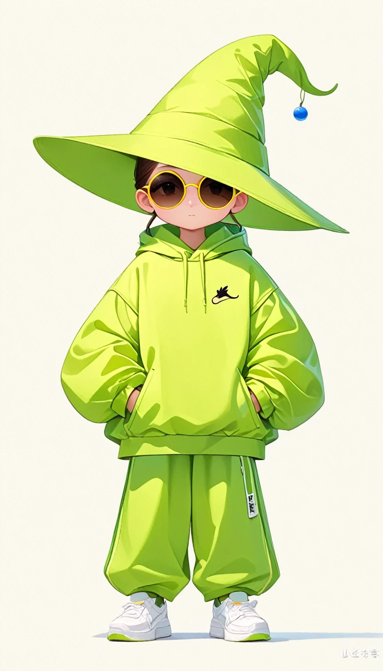 Thierry Muller (Thierry Muller) style,Liu Ye style，1 ，Lolita image，Loose hip-hop clothing，Giant wide-brimmed wizard hat，contour，(((Neon Round Sunglasses)))，Can't see the eyes，大面积Blank，Minimalist composition，Blank，White background，Chinese painting style，