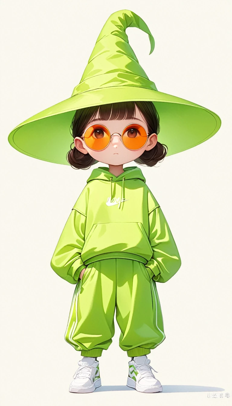 Thierry Muller (Thierry Muller) style,Liu Ye style,1 ,Lolita image,Loose hip-hop clothing,Giant wide-brimmed wizard hat,contour,(((Neon Round Sunglasses))),Can't see the eyes,大面积Blank,Minimalist composition,Blank,White background,Chinese painting style,