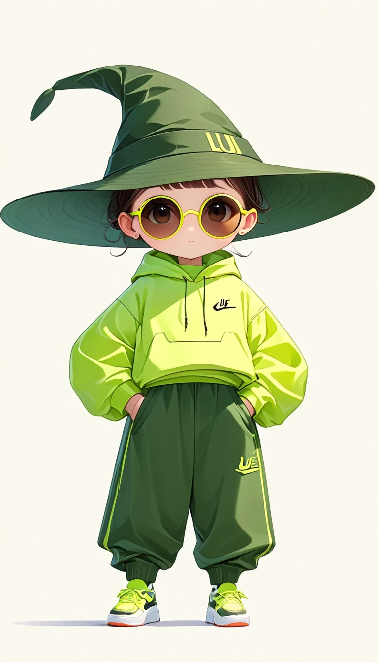 Thierry Muller (Thierry Muller) style,Liu Ye style,1 ,Lolita image,Loose hip-hop clothing,Giant wide-brimmed wizard hat,contour,(((Neon Round Sunglasses))),Can't see the eyes,大面积Blank,Minimalist composition,Blank,White background,Chinese painting style,