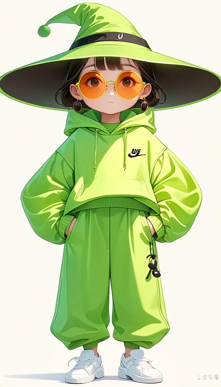 Thierry Muller (Thierry Muller) style,Liu Ye style,1 ,Lolita image,Loose hip-hop clothing,Giant wide-brimmed wizard hat,contour,(((Neon Round Sunglasses))),Can't see the eyes,大面积Blank,Minimalist composition,Blank,White background,Chinese painting style,